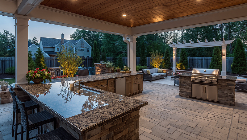Luxury outdoor kitchen featuring natural stone countertops in a Massachusetts backyard.
