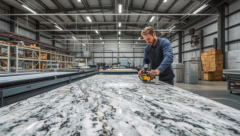 Professional countertop fabricator measuring a granite slab inside a modern fabrication facility in Massachusetts.