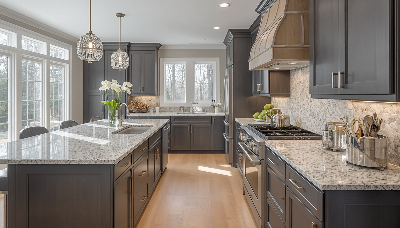 Luxury kitchen featuring premium granite countertops installed in a modern Massachusetts home.