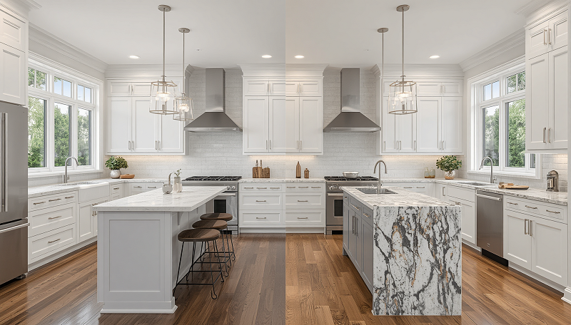 Modern kitchen showcasing quartz and granite countertops for comparison in a Massachusetts home.