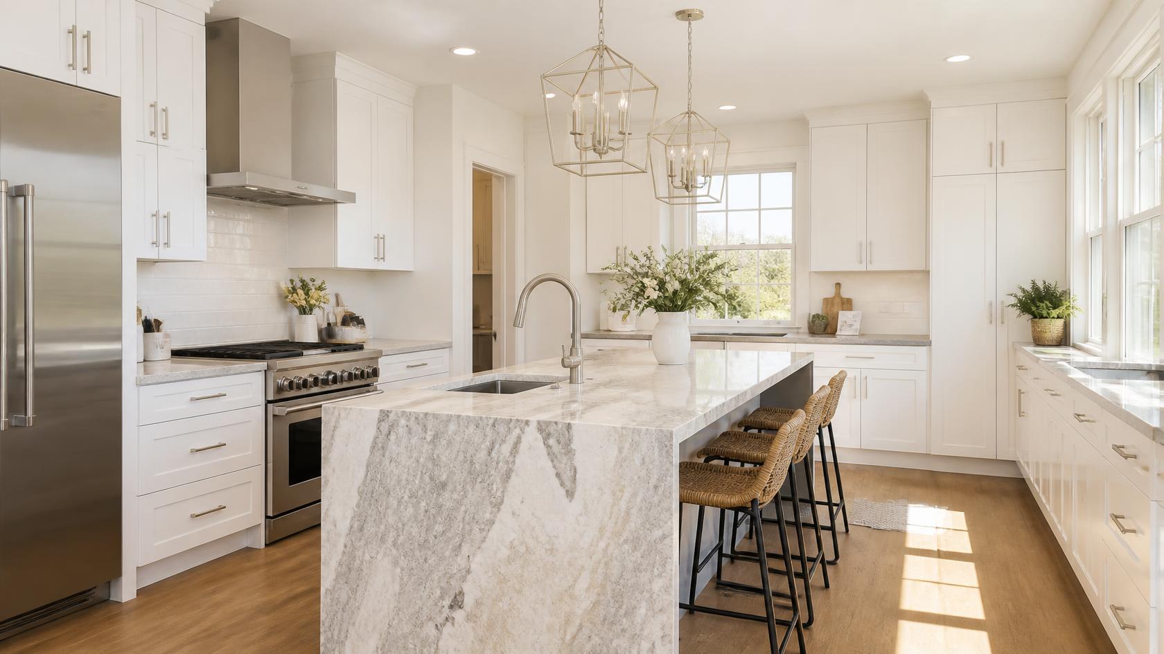 Modern Massachusetts kitchen featuring durable natural granite countertops designed to last for decades.