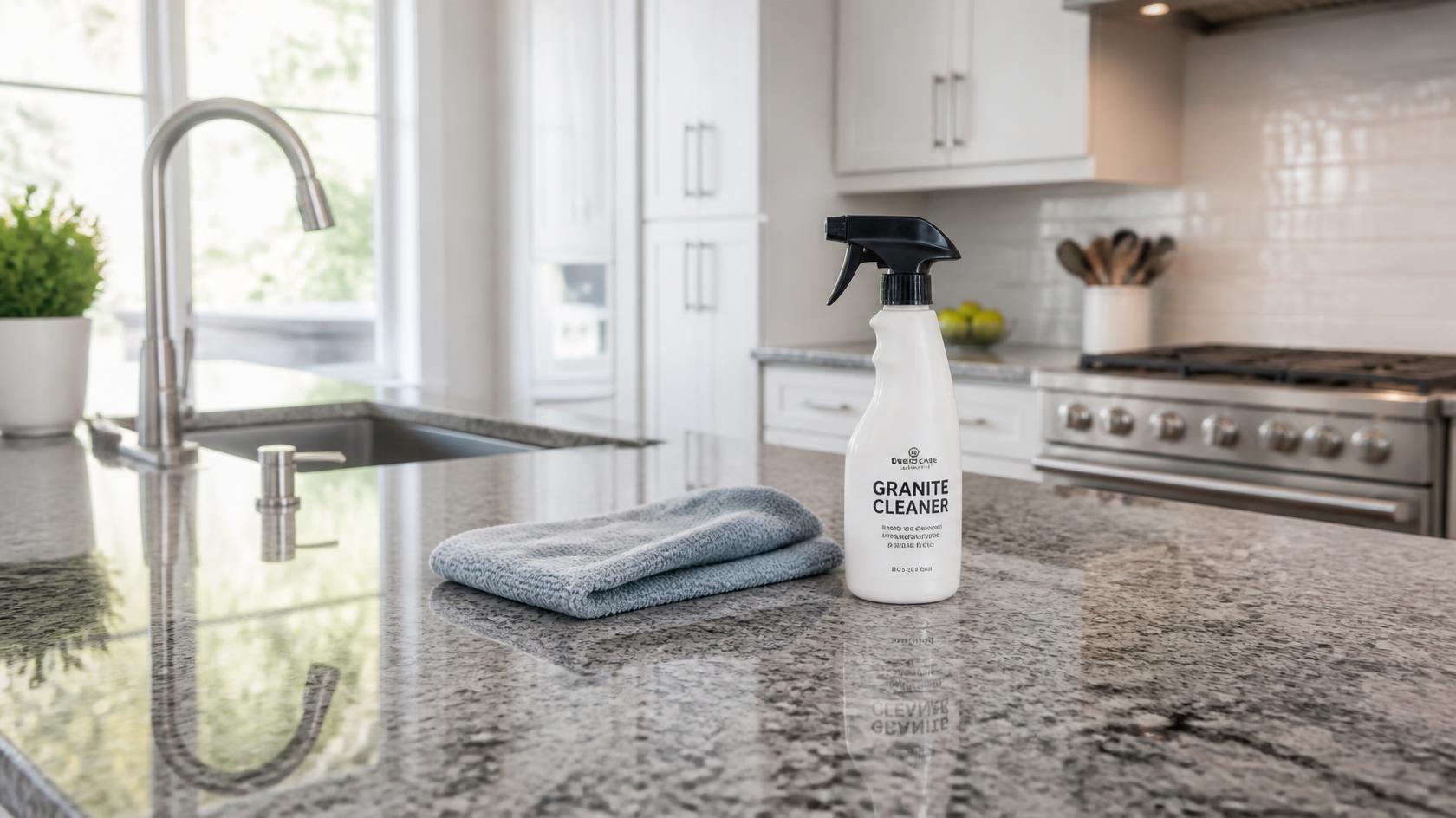 Homeowner cleaning polished granite countertops in a modern Massachusetts kitchen using a microfiber cloth.
