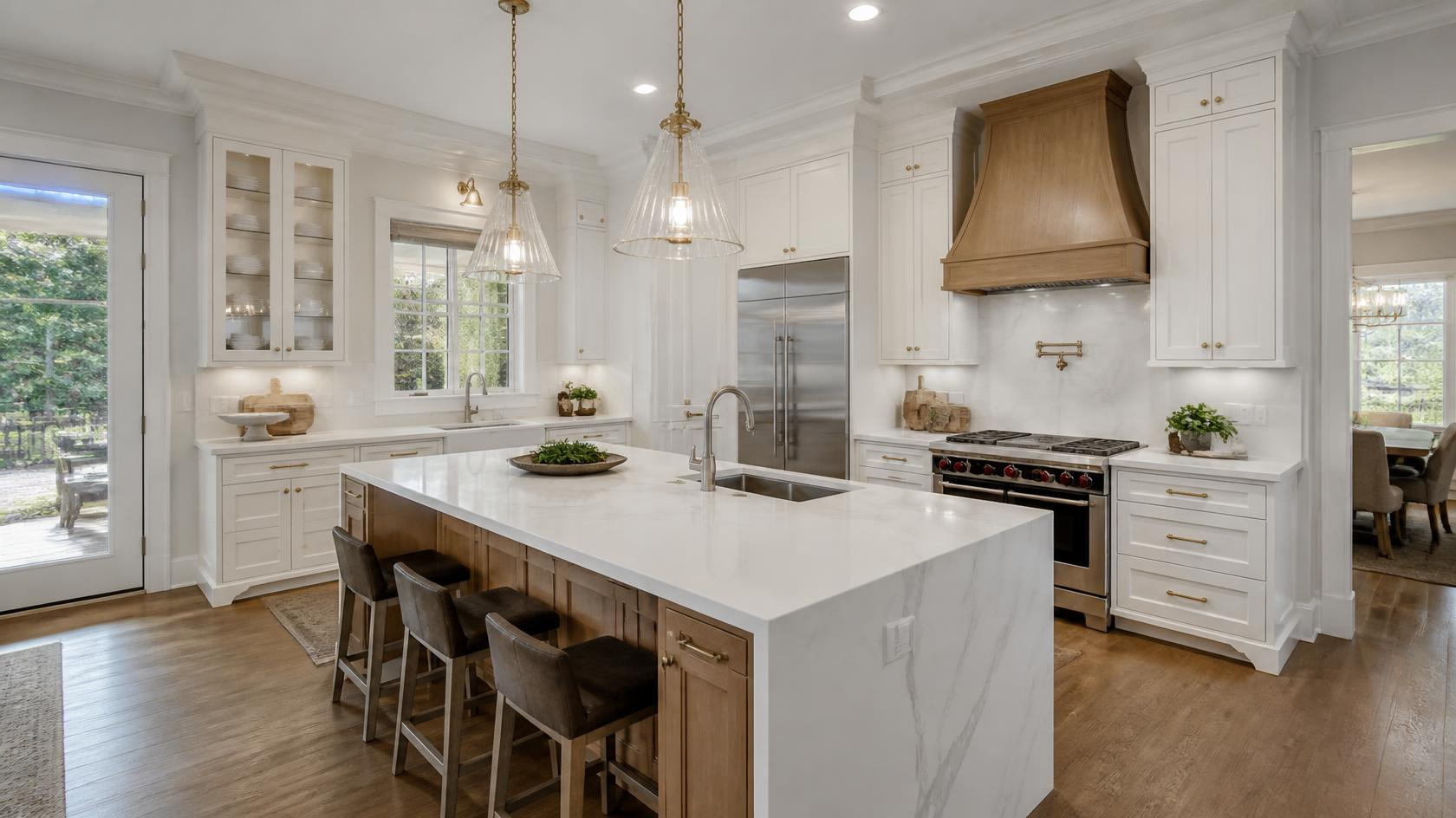 Modern Massachusetts kitchen featuring elegant white quartz countertops and a large center island.