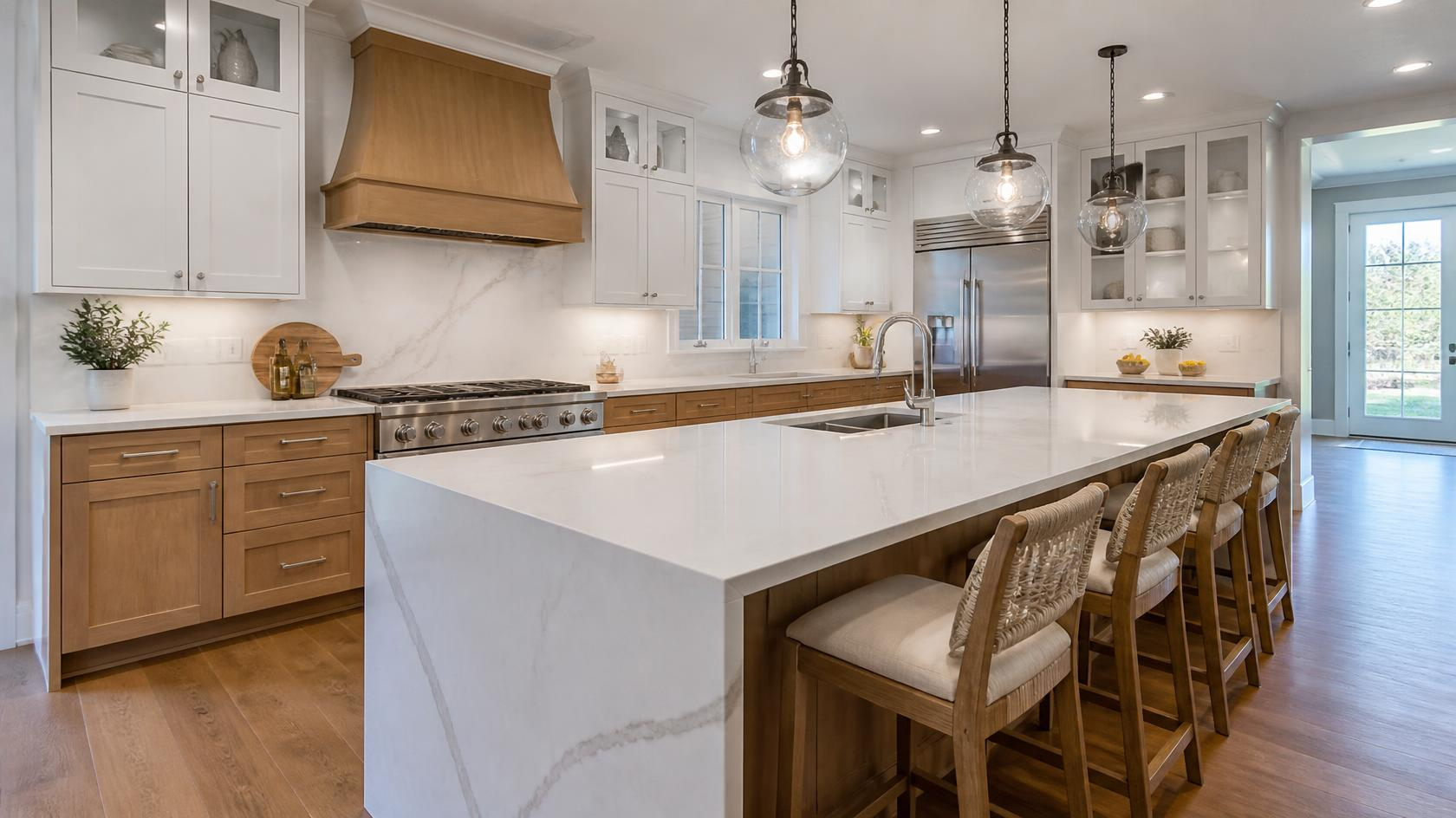 Modern Massachusetts kitchen featuring elegant white quartz countertops with subtle gray veining and contemporary cabinetry.