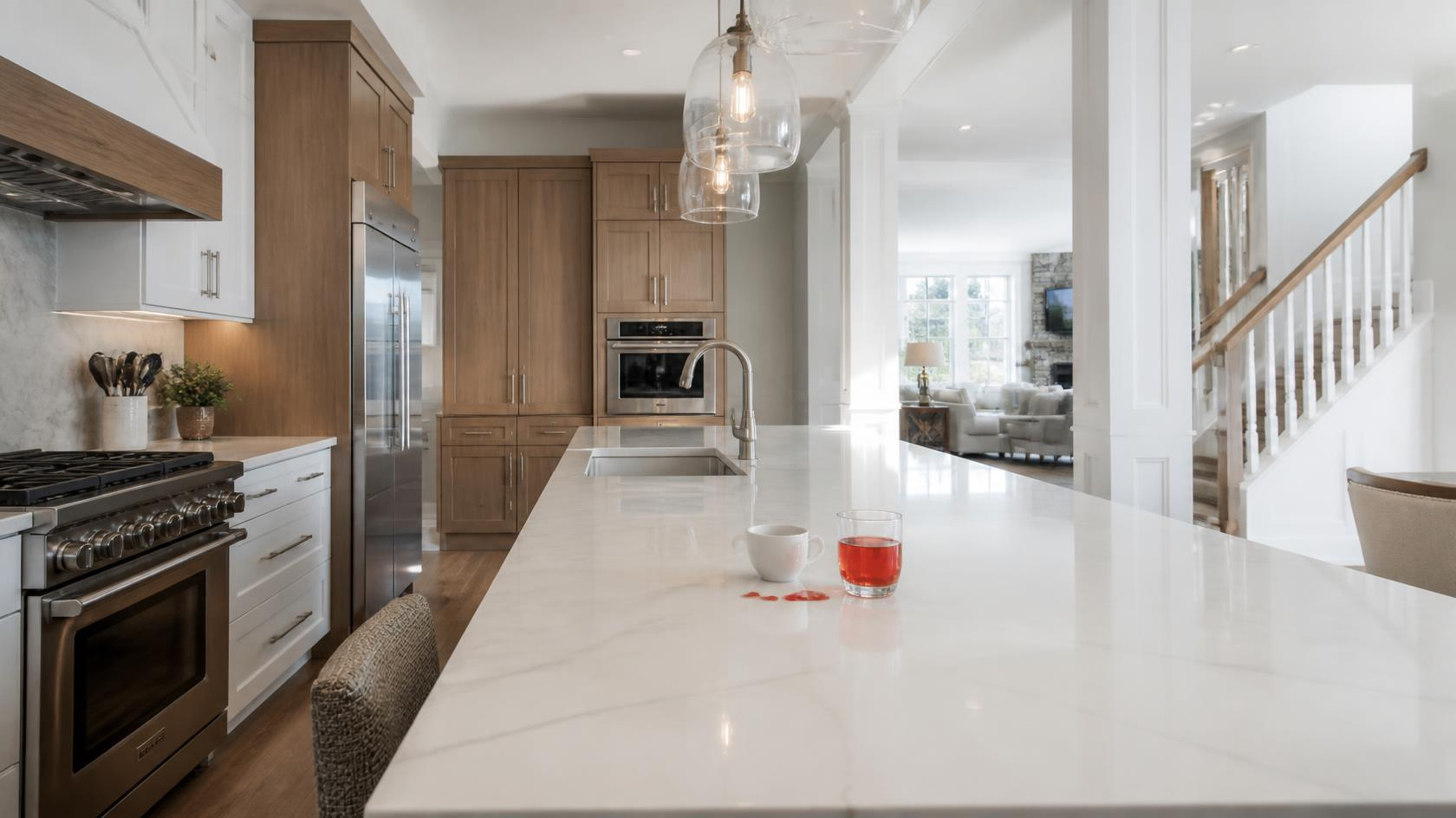 Clean white quartz countertops in a modern Massachusetts kitchen demonstrating the stain-resistant surface of engineered quartz.
